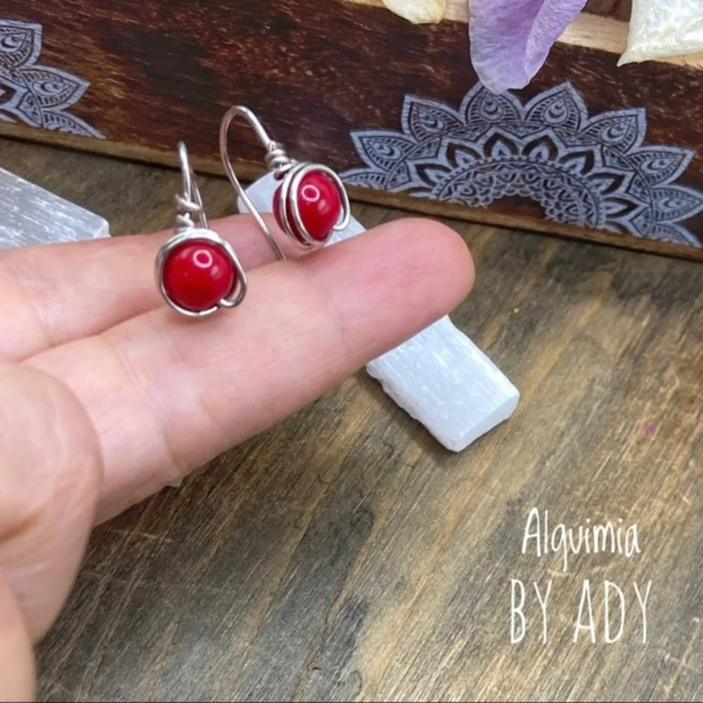 Coral And Silver Dangle Spheres Drops Long EarringsProtection For Taurus 37$